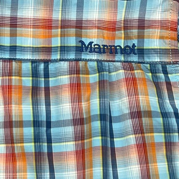 MARMOT Shirt Men's Button Down Plaid Short Sleeve L Blue Orange - Picture 7 of 11